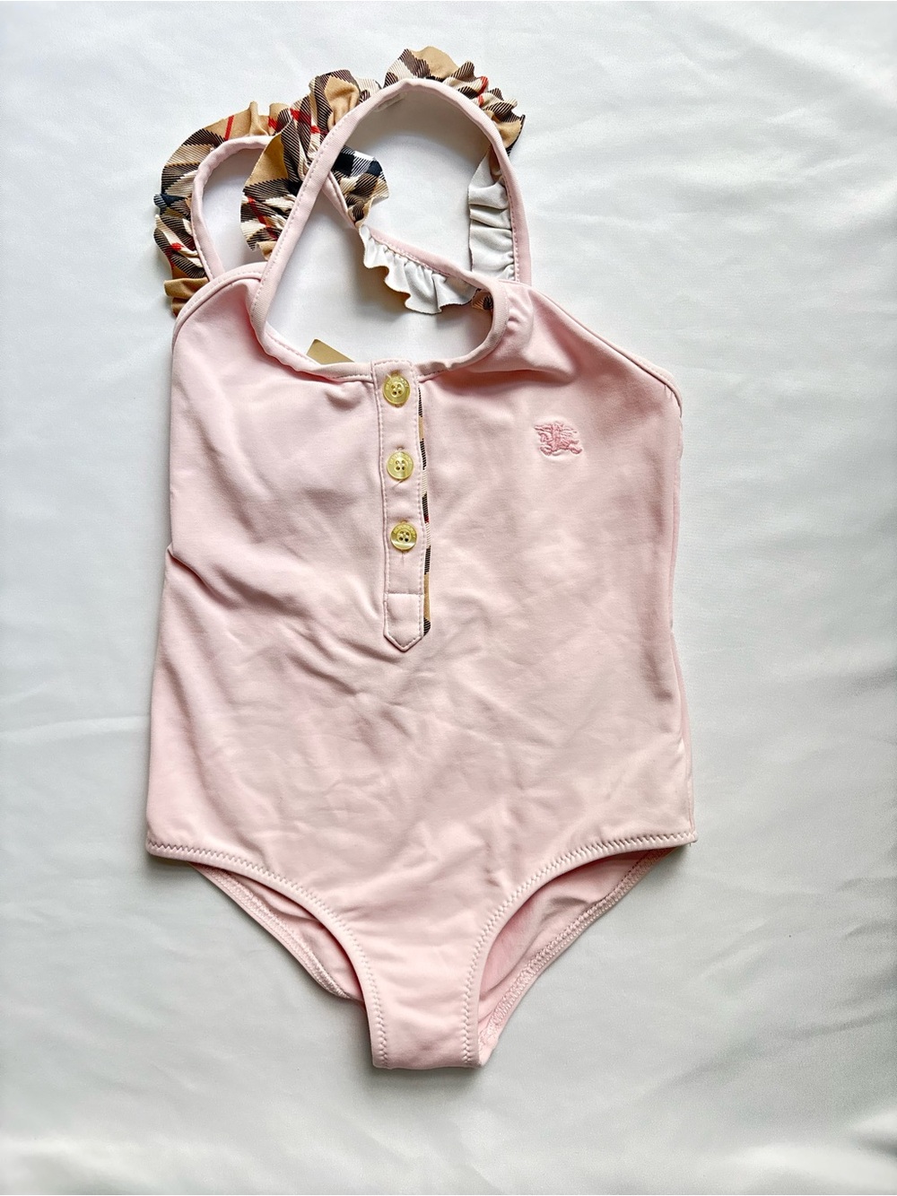 Burberry Light Pink Girls One-Piece Swimsuit with Burberry Check Ruffle Straps